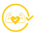 Yellow line-art icon featuring flexed arms with a heart in the center, encircled with a checkmark, symbolizing health and strength.